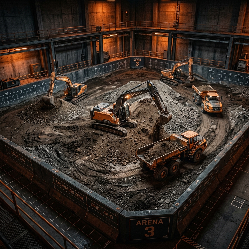 RC Dirt Box arena with heavy-duty RC excavators and dump trucks moving real dirt